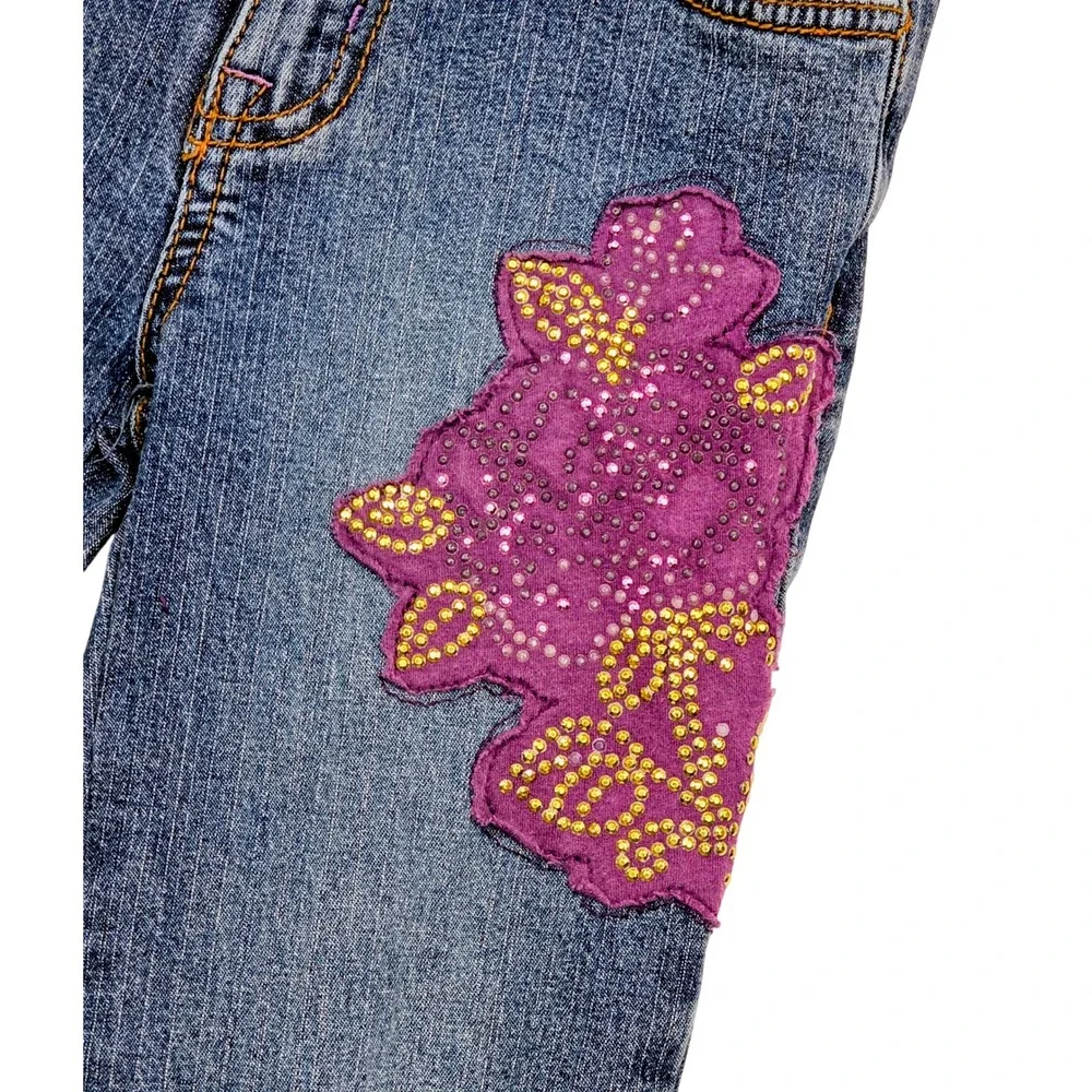 The Childrens Place Girls Blue Jeans Purple Floral Leopard Cuff Size 6‎ Y2K VNTG